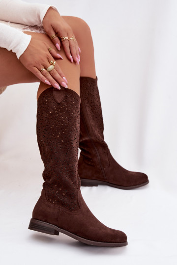 Dames knie laarzen met opengewerkte elementen en brede hakken S.Barski HY61-8023, chocolade kleur