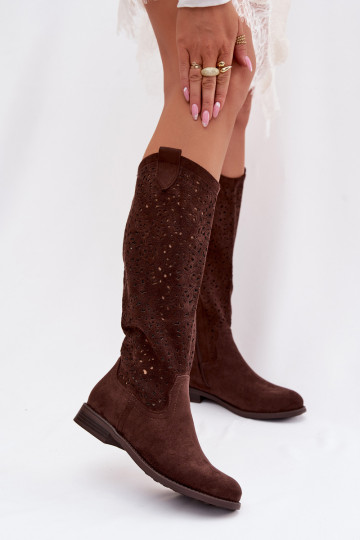 Bottes longues pour femmes avec éléments ajourés et larges talons S.Barski HY61-8023, couleur chocolat 2