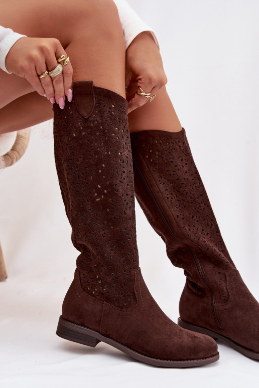 mit durchbrochenen Elementen Damenstiefel mit breiten Absätzen S.Barski HY61-8023 CzekoladoZue