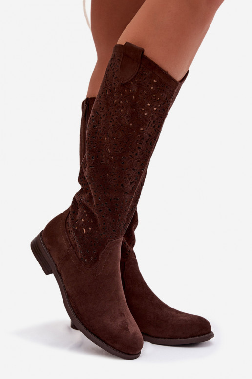 avec des éléments ajourés bottes pour femmes avec des talons larges S.Barski HY61-8023 CzekoladoÀe