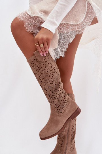 avec des éléments ajourés bottes pour femmes avec des talons larges S.Barski HY61-8023 beige 2