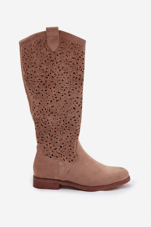 avec des éléments ajourés bottes pour femmes avec des talons larges S.Barski HY61-8023 beige