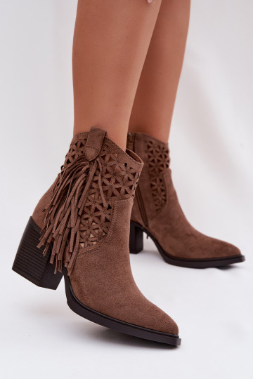 Leder-Booties im Cowboy-Stil für Frauen mit Absätzen und Fransen in Braun Calissey
