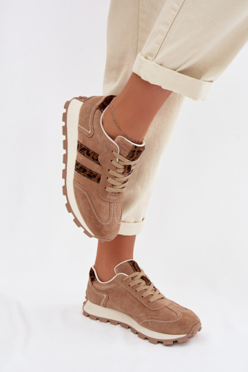 Dames suède sneakers met platform en luipaardprint S.Barski LR61-7071 in bruin