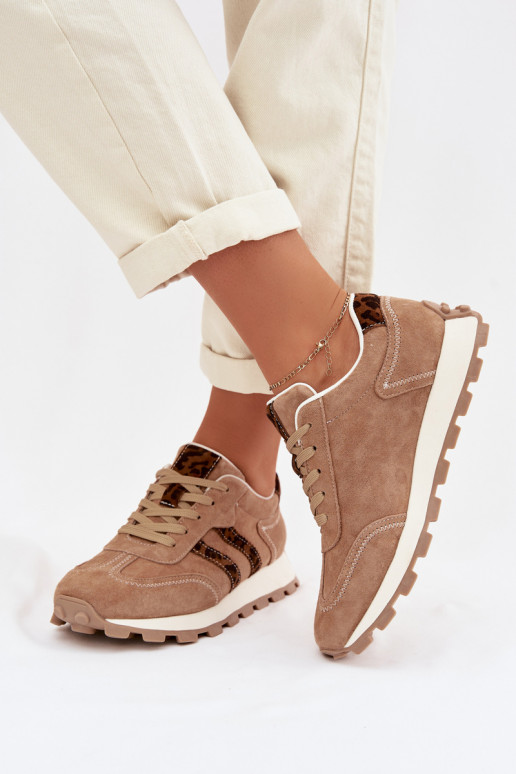 van suède Sneakers model schoenen Dames met platform met luipaardbontpatronen S.Barski LR61-7071 bruine kleur