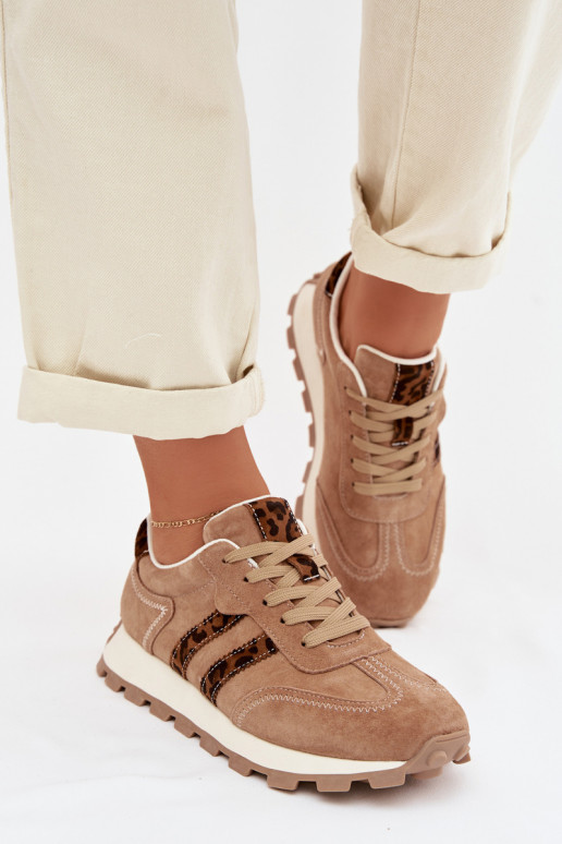 van suède Sneakers model schoenen Dames met platform met luipaardbontpatronen S.Barski LR61-7071 bruine kleur