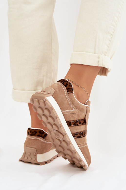 van suède Sneakers model schoenen Dames met platform met luipaardbontpatronen S.Barski LR61-7071 bruine kleur