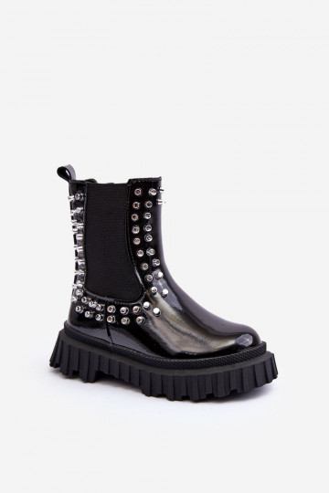 Stylische kinders enkelaars met lak effect versierd met Swarovski kristallen zwarte kleur Adelie