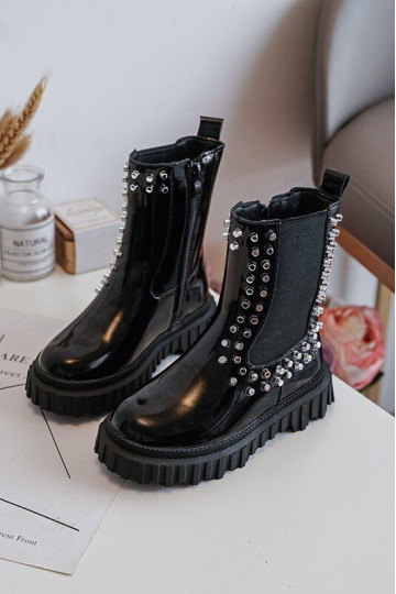 Stylische kinders enkelaars met lak effect versierd met Swarovski kristallen zwarte kleur Adelie 2