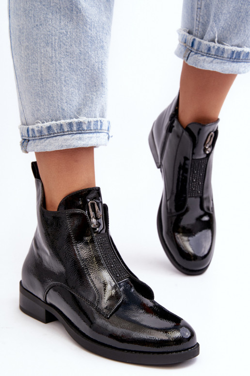 avec effet vernis Bottes pour femmes avec des talons larges réchauffer couleur noire S.Barski HY75-120 couleur noire