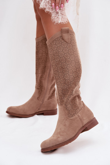 Bottes longues pour femmes avec éléments ajourés et larges talons S.Barski HY61-8022, couleur sable 2