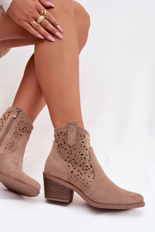 Bottines ajourées pour femmes de style cowboy avec talons S.Barski HY61-8012, couleur sable
