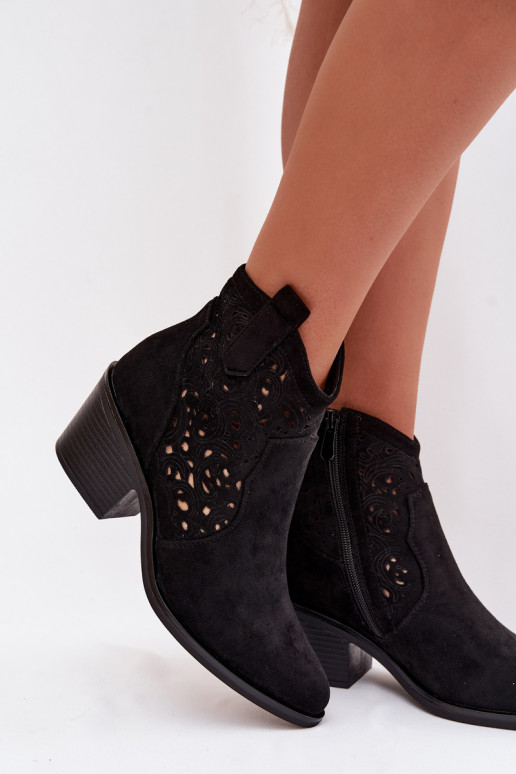 Ażurowe dames cowboy stijl enkellaarsjes met hakken S.Barski HY61-8012 zwarte kleur