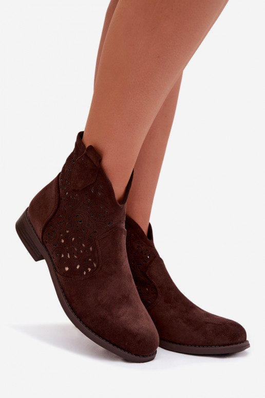 Bottines ajourées pour femmes à larges talons S.Barski HY61-8026 couleur chocolat