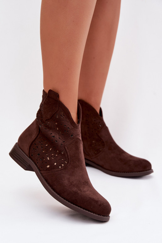 Ażurowe dames enkellaarsjes met brede hakken S.Barski HY61-8026 chocolade kleur