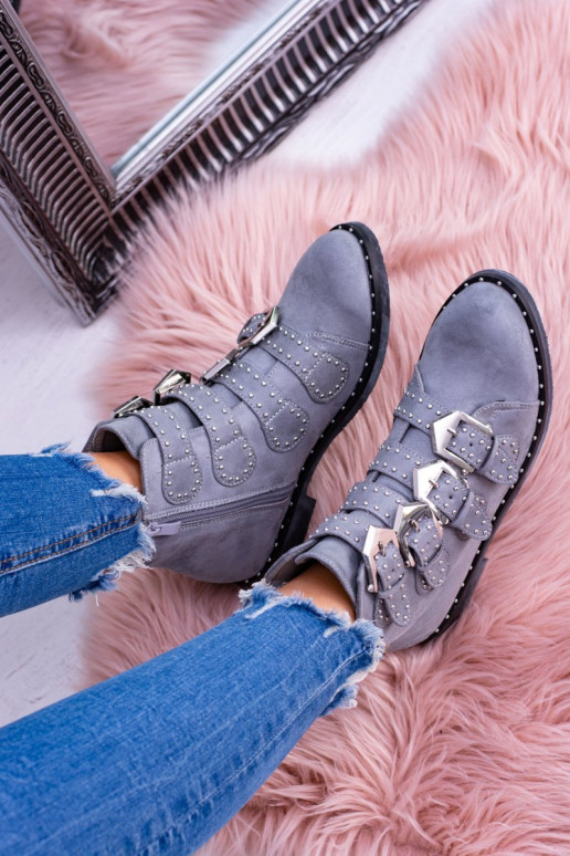 Lu Boo graue Farbe Stiefel Virginia Rock Star mit Nieten mit Schnallen aus INildleder