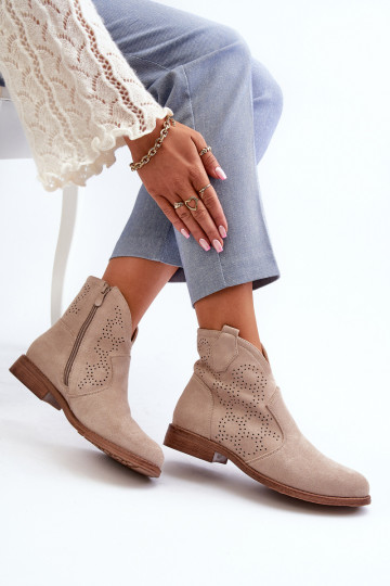 Durchbrochene Stiefel Feminin mit breiten Absätzen elfenbeinfarbe S.Barski HY66-151 2