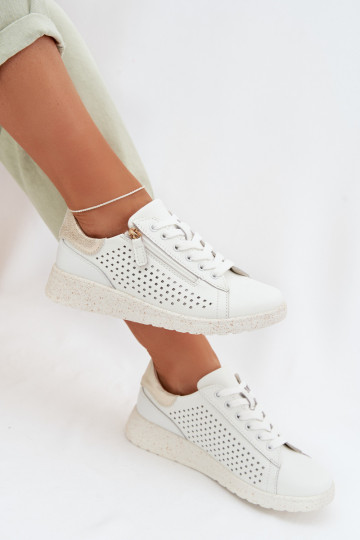 Baskets sportives en cuir pour femmes avec fermetures éclair couleur blanc-or Kalorinne