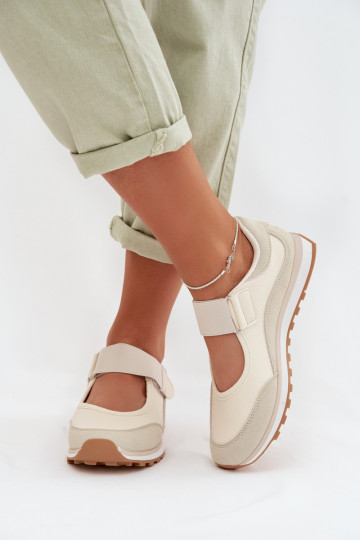 Baskets sportives en cuir pour femmes avec fermetures auto-agrippantes couleur sable Aveliette