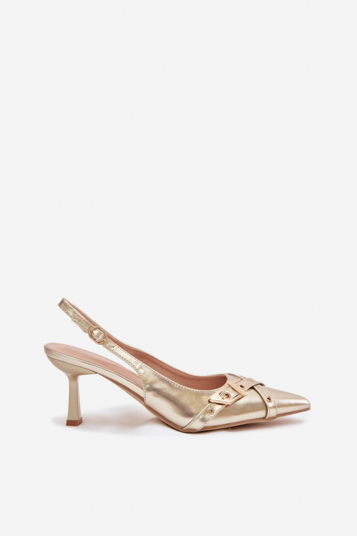 Damensandalen mit dünnen Absätzen mit Streifen I mit Schnallen goldene Farbe Parina