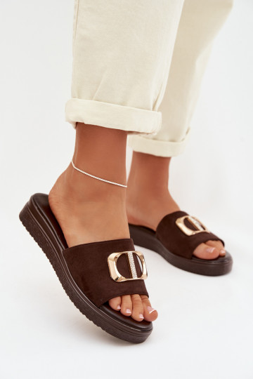 Dames slippers met gouden details in chocolade kleur Elmera 2