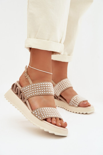 Leren suede sandalen met decoratie D&A CR61-3067 in zandkleur