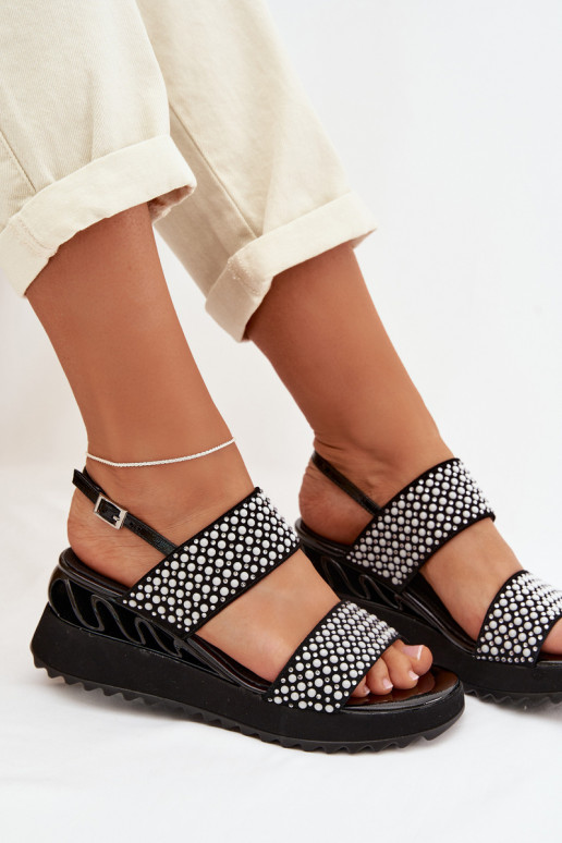 Haut INildledersandalen Mit Dekoration D&A CR61-3067 schZuarze Farbe