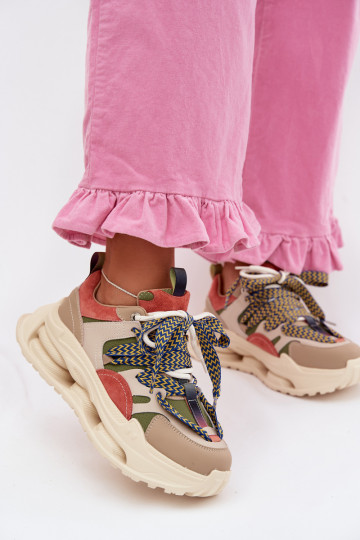 Leer Sneakers model schoenen Dames met platform D&A CR61-3133 beige