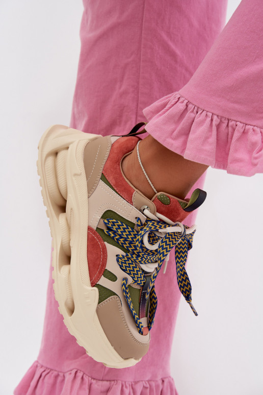 Leer Sneakers model schoenen Dames met platform D&A CR61-3133 beige