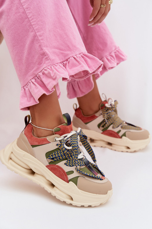 Leer Sneakers model schoenen Dames met platform D&A CR61-3133 beige