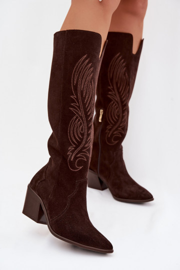 Zijde lange laarzen in cowboy stijl met hakken Zazoo 3152 in chocolade kleur 2