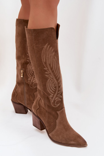 Zijde lange laarzen in cowboy stijl met hakken Zazoo 3152 in zand kleur 2