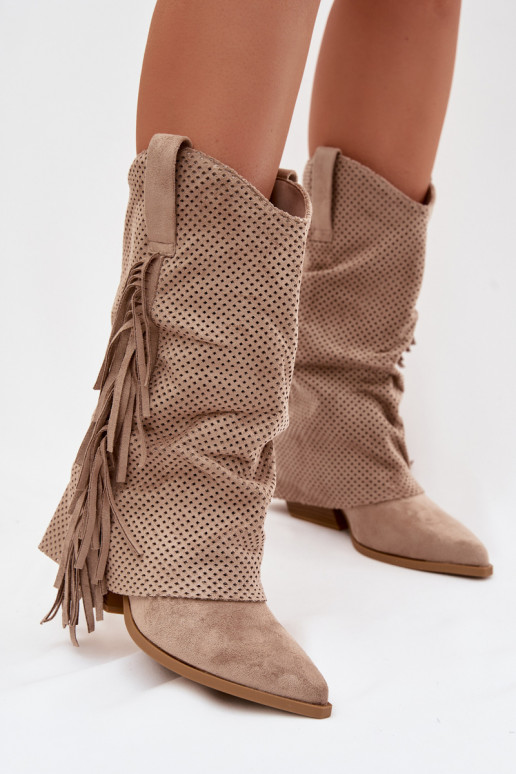 bottes style coÀboy avec des franges avec des talons beige Pireya