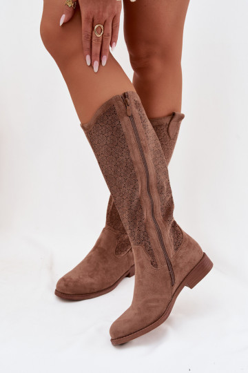 Damen Stiefel mit Lochmuster und breiten Absätzen S.Barski HY61-8022 braun