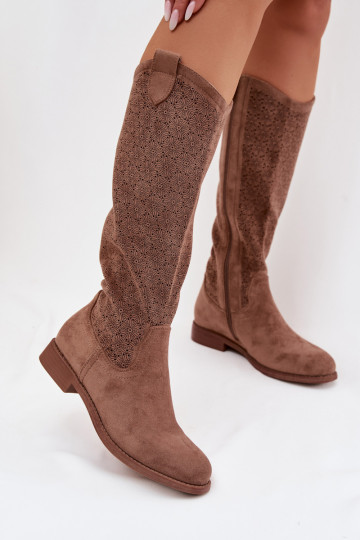 Bottes longues en cuir pour femmes avec éléments ajourés et larges talons S.Barski HY61-8022 couleur marron 2