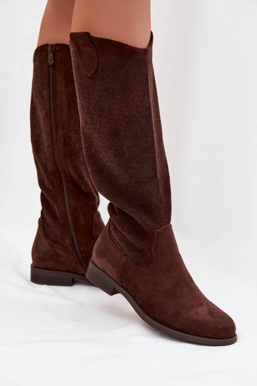 bottes pour femmes avec des éléments ajourés avec des talons larges S.Barski HY61-8022 CzekoladoÀe