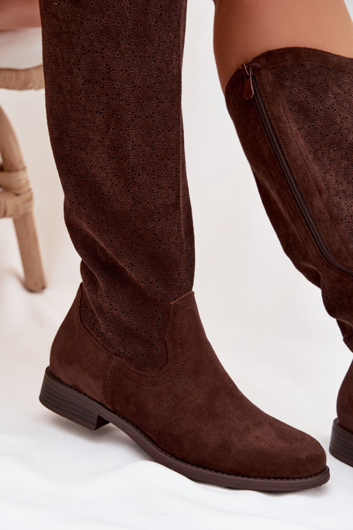 bottes pour femmes avec des éléments ajourés avec des talons larges S.Barski HY61-8022 CzekoladoÀe