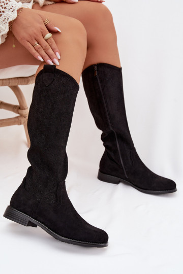 Bottes longues en cuir pour femmes avec éléments ajourés et larges talons S.Barski HY61-8022 couleur noire