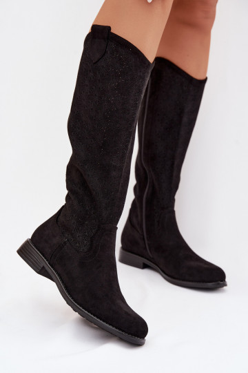 Bottes longues en cuir pour femmes avec éléments ajourés et larges talons S.Barski HY61-8022 couleur noire 2