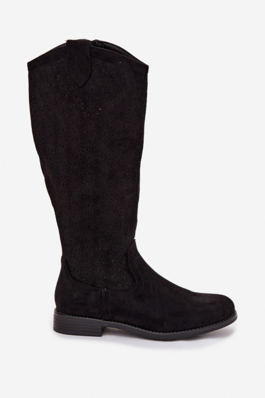bottes pour femmes avec des éléments ajourés avec des talons larges S.Barski HY61-8022 couleur noire