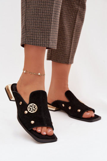 Suède slippers met gouden versieringen D&A CR61-3061 zwart 2