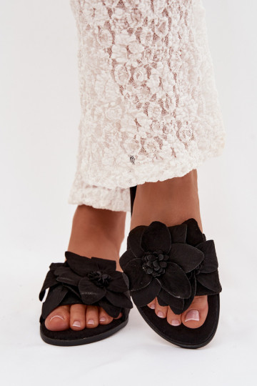 Zwarte kleur dames platte slippers met bloemenmotief Elzoria