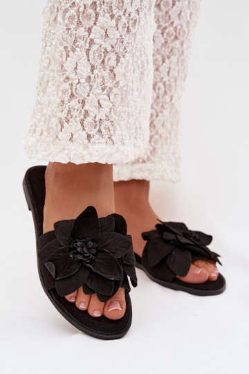Zwarte kleur dames platte slippers met bloemenmotief Elzoria 2