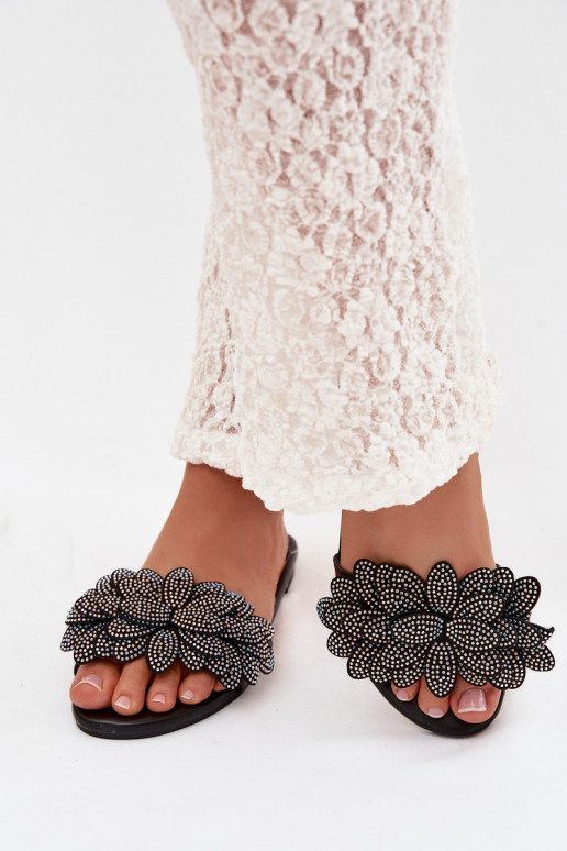 Chaussons Appartement pour femmes Avec décoration couleur noire Grelora