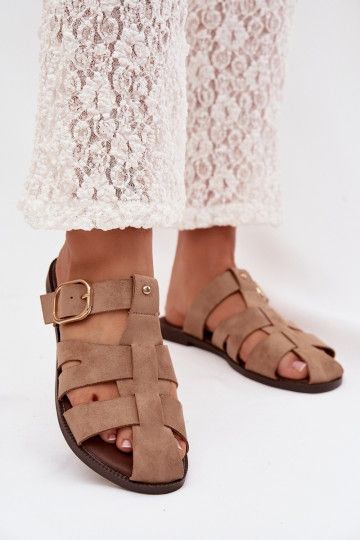 Chaussons pour femmes couleur sable avec talons larges et bandes dorées avec boucles Elzora 2