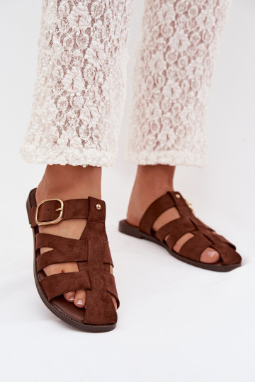 Bruin kleur dames slippers met brede hakken en gouden bandjes met gespen Elzora 2
