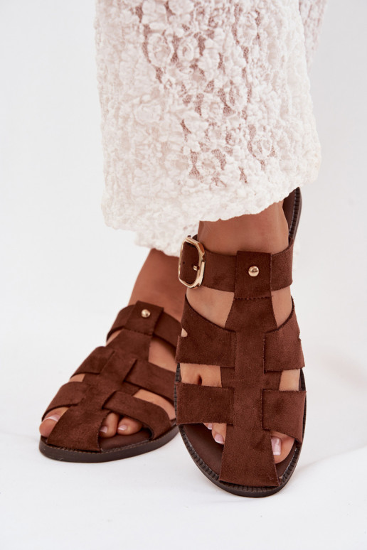 Damenhausschuhe mit breiten Absätzen mit Streifen I Złotą mit Schnallen braune Farbe Elzora