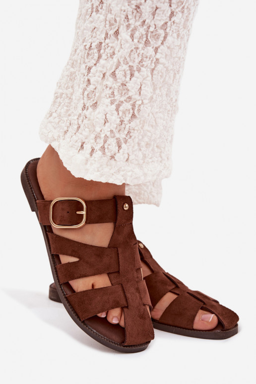 Damespantoffels met brede hakken Met Strepen I Złotą met gespen bruine kleur Elzora