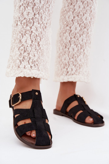 Zwart kleur dames slippers met brede hakken en gouden bandjes met gespen Elzora 2
