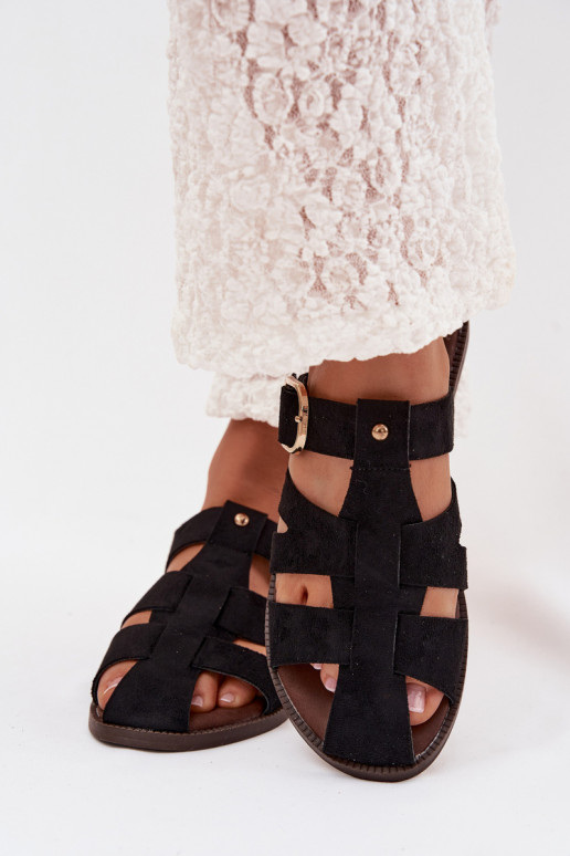 Pantoufles pour femmes avec des talons larges avec des bandes I Złotą avec boucles couleur noire Elzora